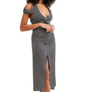 For Love & Lemons Beth Polka Dot Midi Dress | Ruched Slit | Size S | NWT